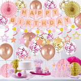 65Pcs Birthday Decorations Happy Birthday Banner Pink Rose Gold