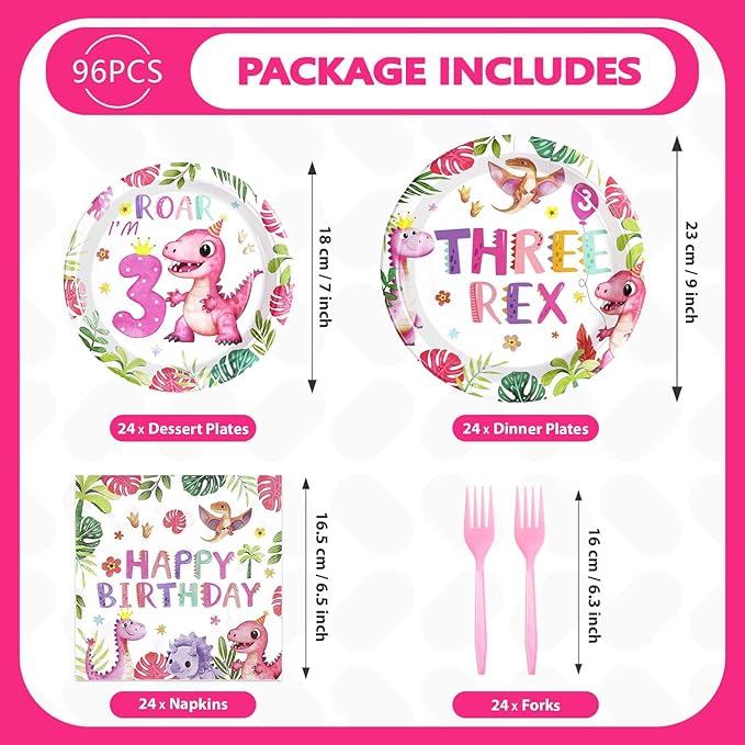 96 Pcs Pink Dinosaur Birthday Decorations for 3rd Girls Dino Theme