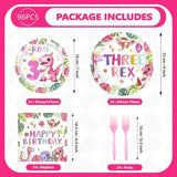 96 Pcs Pink Dinosaur Birthday Decorations for 3rd Girls Dino Theme