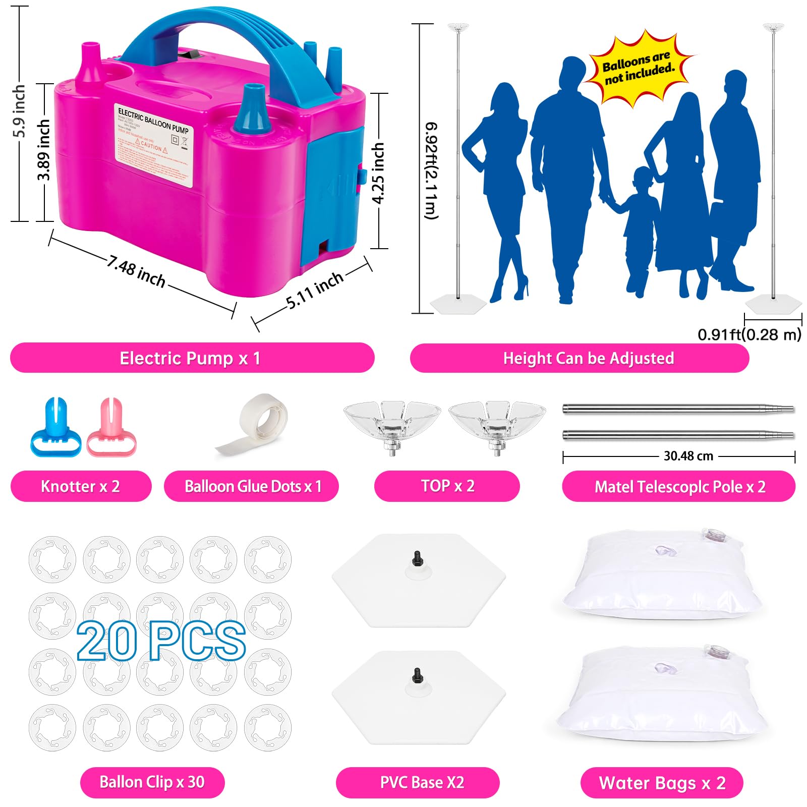 Toosci 2 Sets Balloon Column Stand and Balloon Pump, Adjustable Metal
