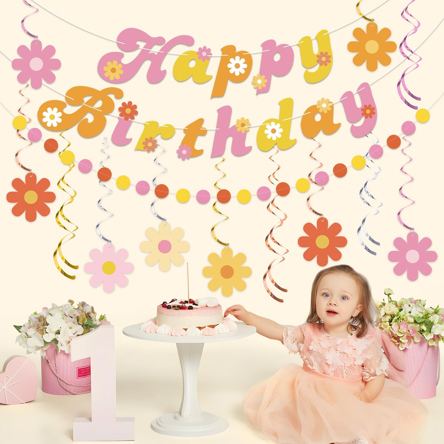 Daisy Groovy Party Decoration Boho Happy Birthday Banner Hanging
