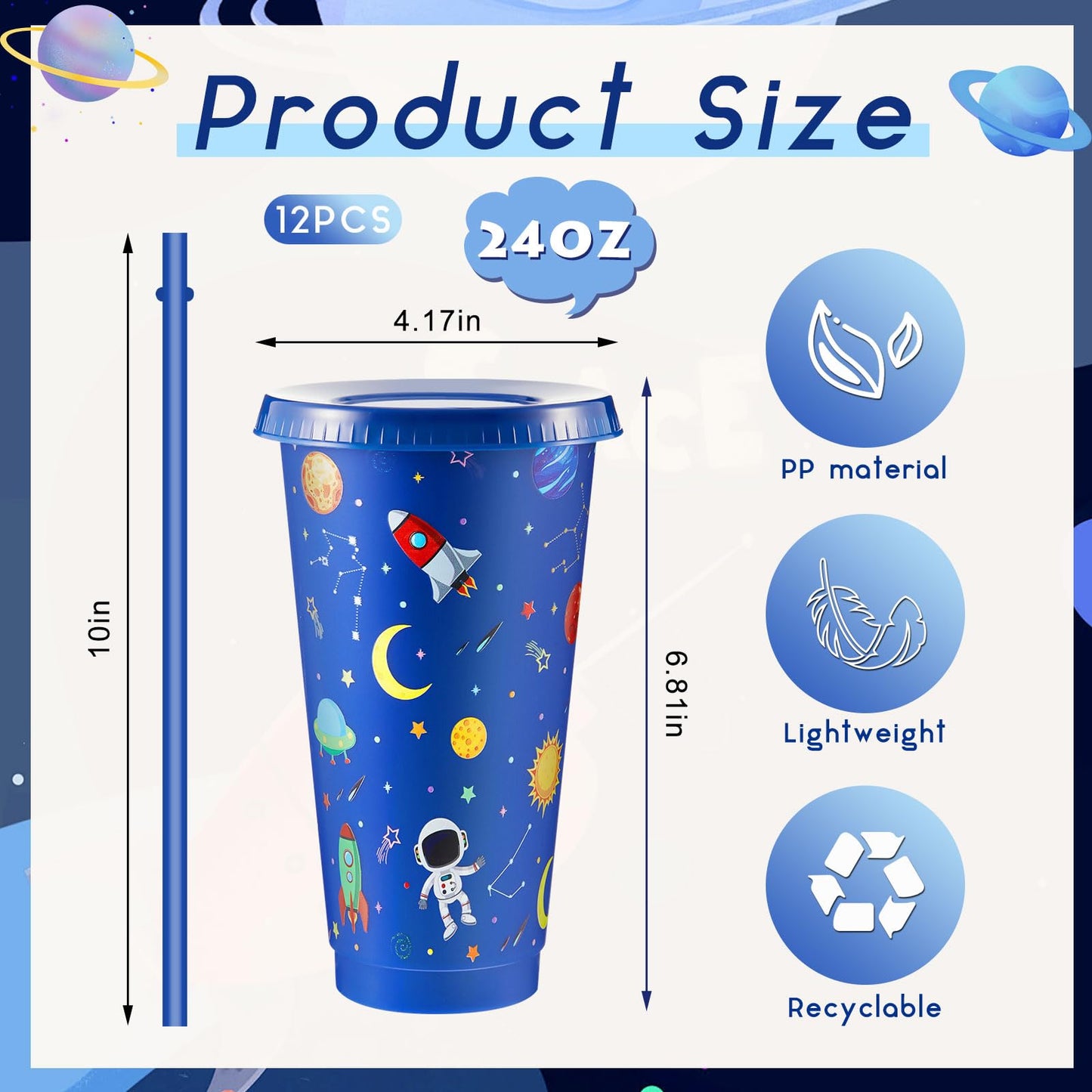 12 Pcs Space Party Plastic Cups with Lid and Straw 24 oz