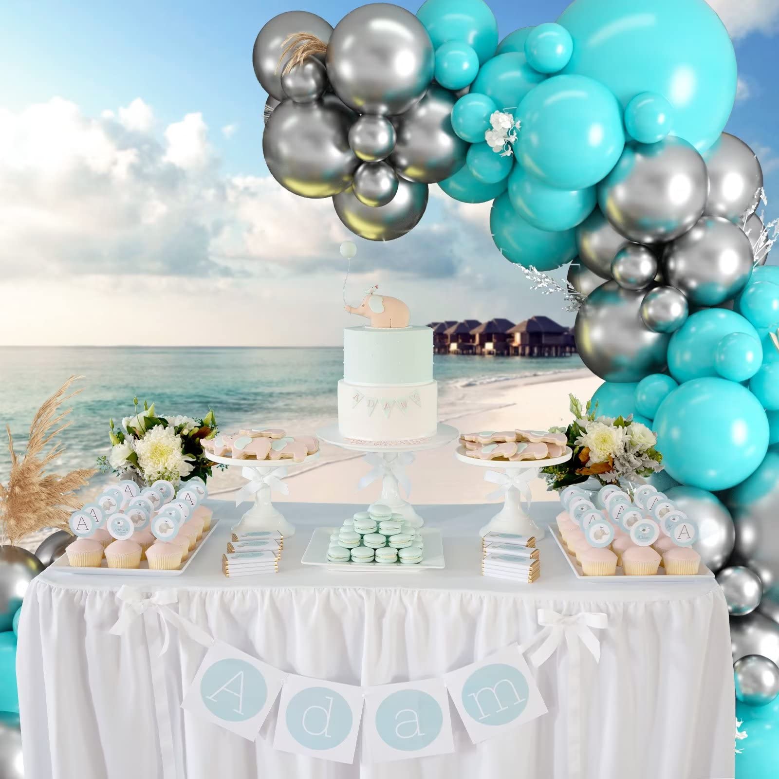 Teal Balloon Garland Kit, 100 Pcs Metallic Silver and Teal Blue