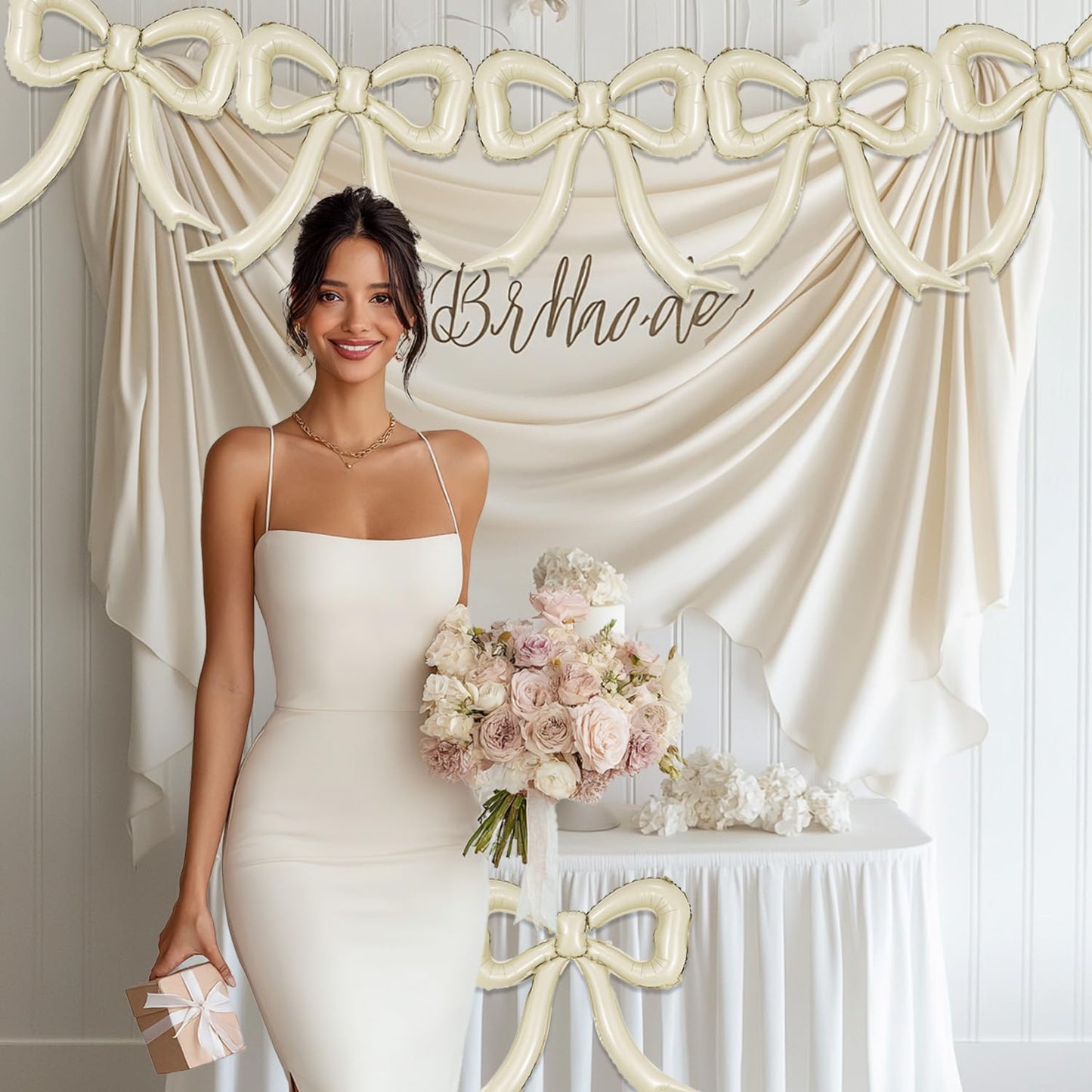 6pcs Cream White Bow Foil Balloons Mylar Bow Balloons for Coquette