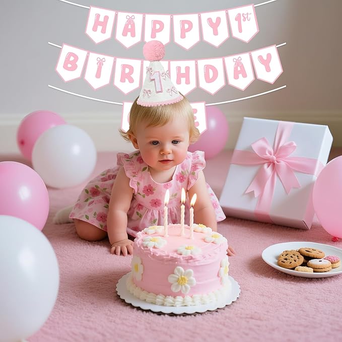 First Birthday Decorations for Girl Pink Bow One Birthday Hat and