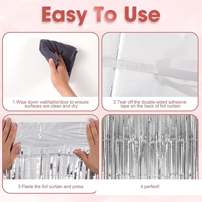 Voircoloria 3 Pack 3.3x8.2 Feet Silver Foil Fringe Backdrop Curtains,