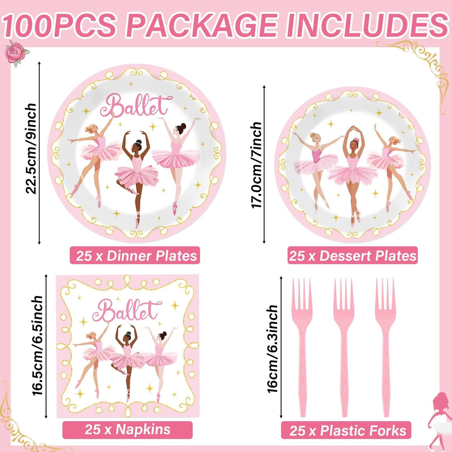 Qyeahkj 100 Pcs Ballerina Birthday Party Decorations for Ballet Plates