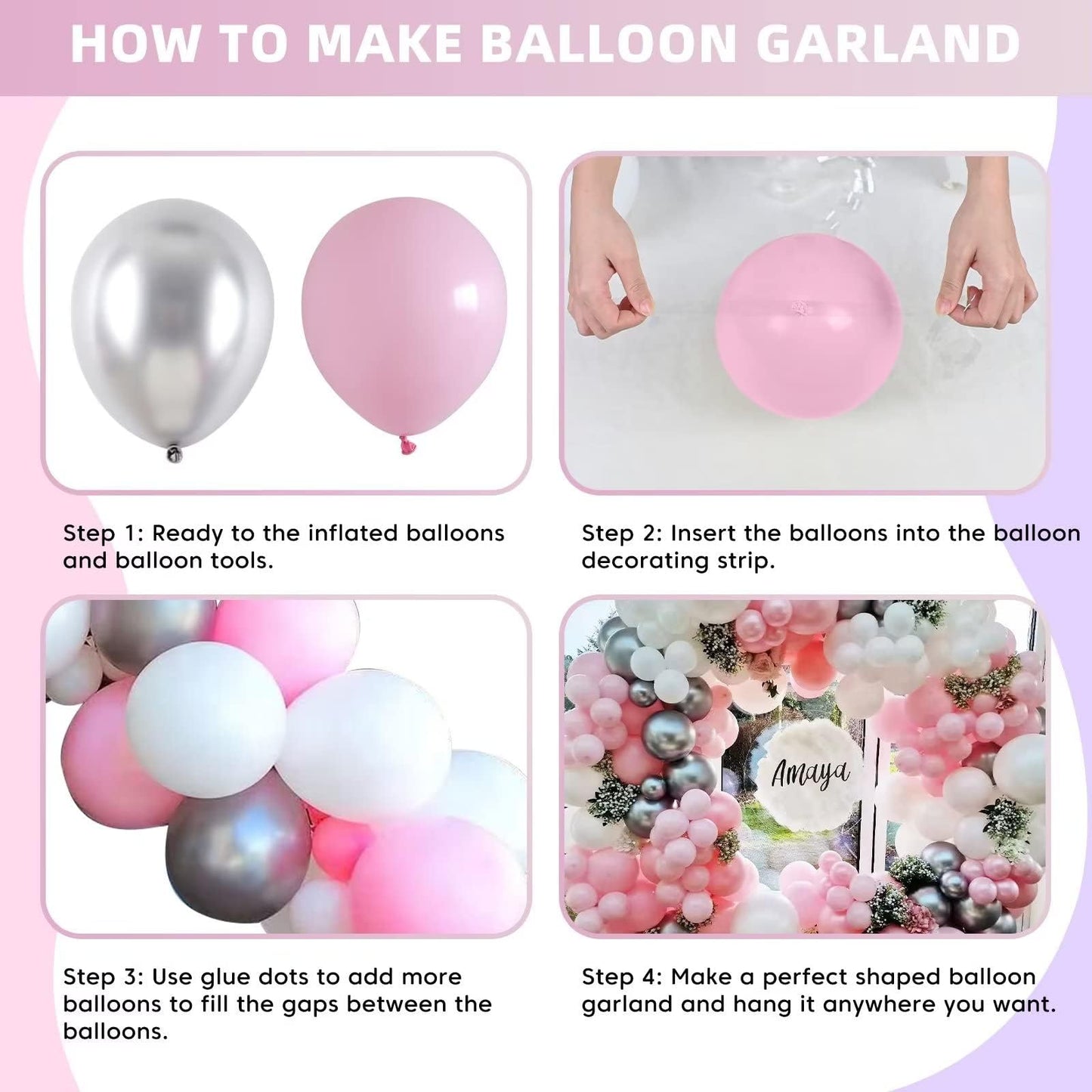 Pink and Silver Balloon Arch Kit, Metallic Silver Macaron Pink Balloon