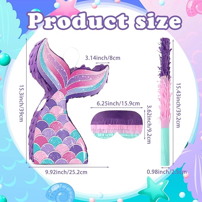 Mermaid Tail Pinata Glitter with Stick Blindfold Mermaid Birthday
