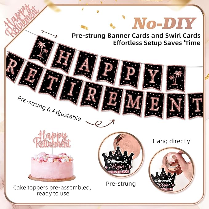Retirement Party Decorations for Women 52Pcs PRE STRUNG Rose Gold
