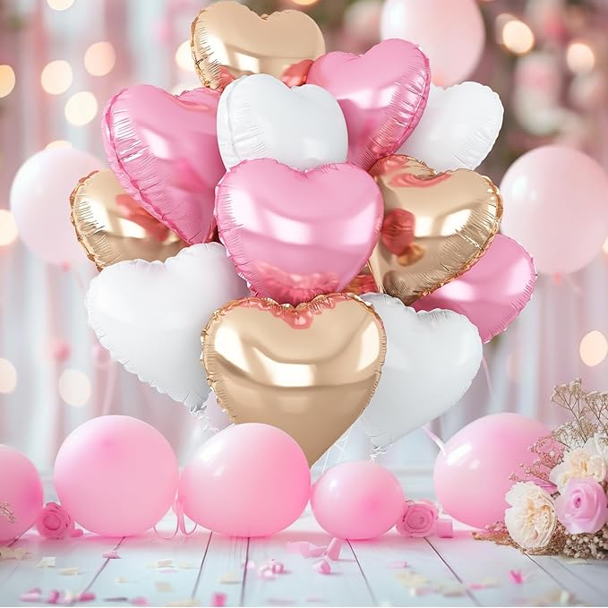 Pink White Heart Balloons,12Pcs Rose Gold Heart Shaped Foil
