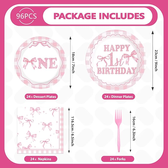 96Pcs Pink Bow 1st Birthday Party Decorations Cute Coquette Birthday