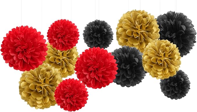 Red Black Gold Party Decorations Tissue Pom Poms 12pcs Game Night
