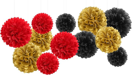 Red Black Gold Party Decorations Tissue Pom Poms 12pcs Game Night