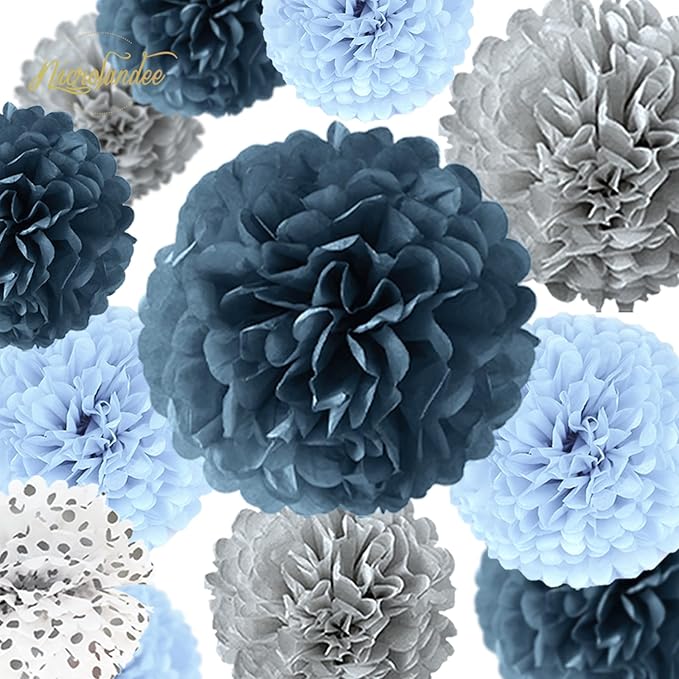 Dusty Blue Wedding Decorations 15 PCS Tissue Pom Poms Paper Garland