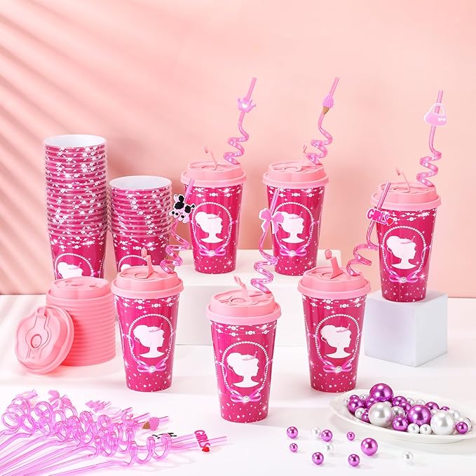 36 Sets Pink Princess Party Favors Goodie Cups with Lids and Straws