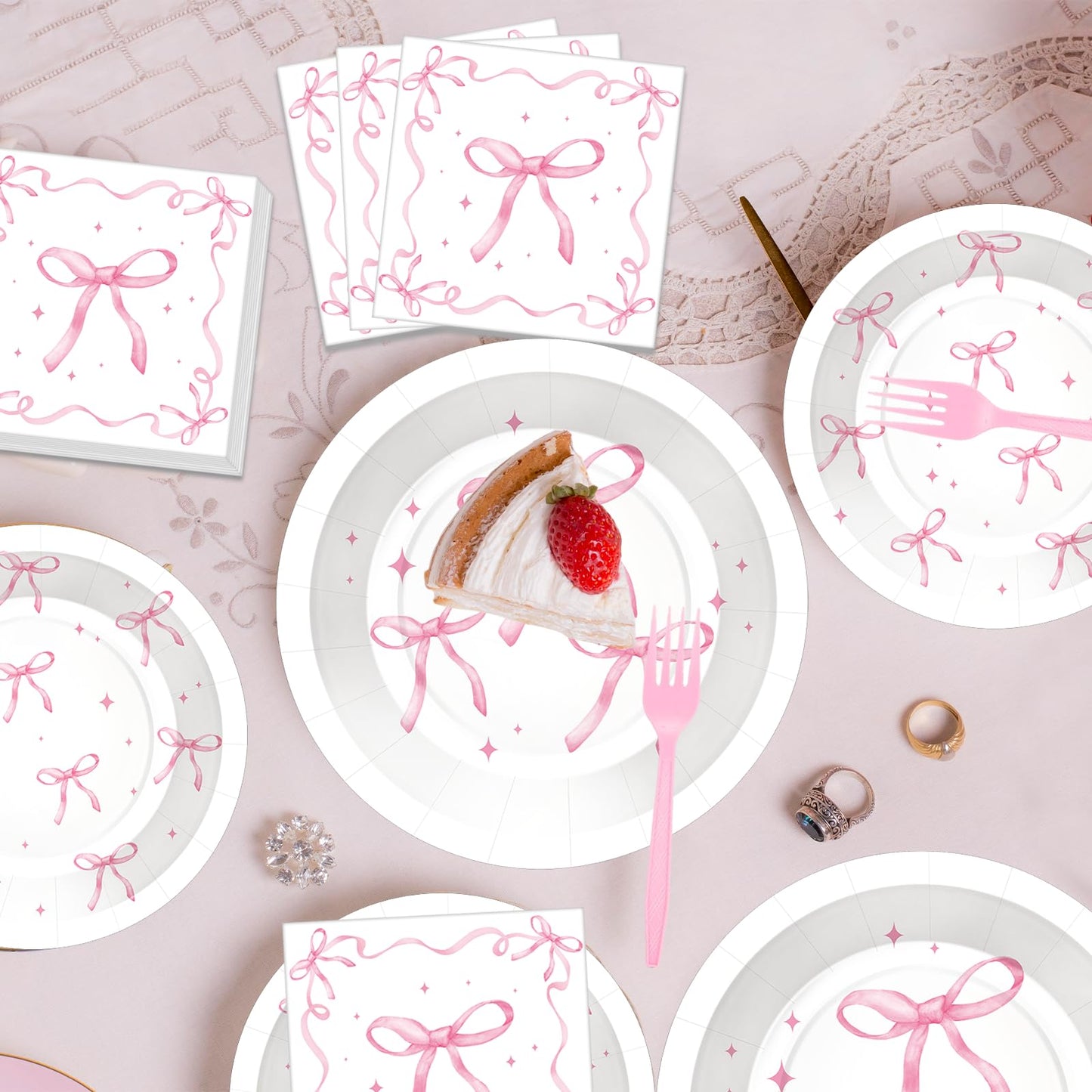 100 Pcs Pink Ribbon Bow Party Supplies Set, Serves 25 – Disposable