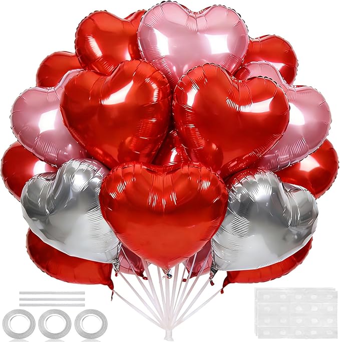 18 Inch Pink & Sliver & Red Heart Balloons 24 Pcs Valentine's Day
