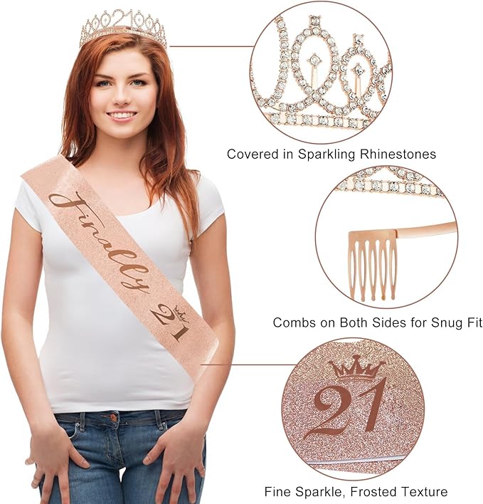 21st Birthday Decorations for Her 33pcs 21 Crown and Sash Black Rose