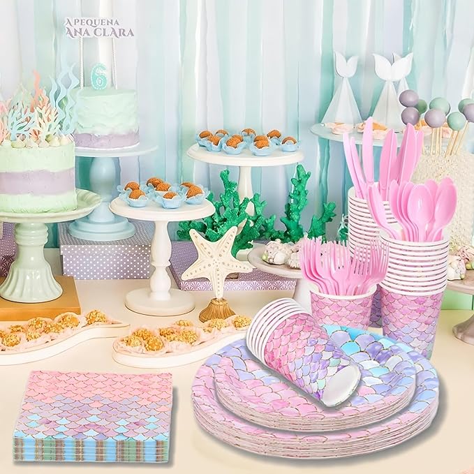 168 Pcs Mermaid Birthday Party Decorations Plates Set for 24 Guests