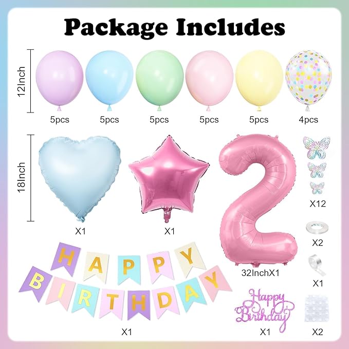 2nd Birthday Decoration for Girls Easter Pastel Rainbow 2nd Balloon