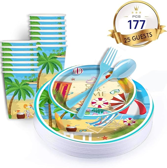 177 pcs Beach Party Supply Disposable Tableware Set with Tablecloth