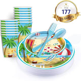 177 pcs Beach Party Supply Disposable Tableware Set with Tablecloth