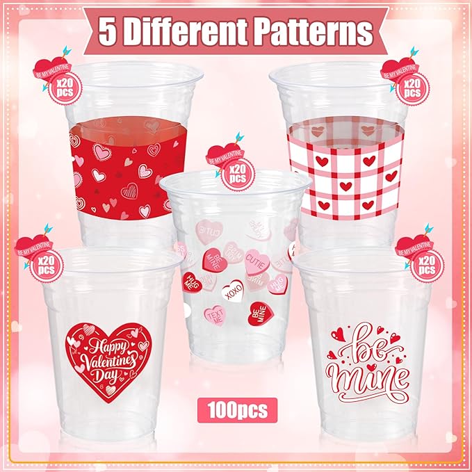 100Pcs Valentine's Day Party Decoration Cups 12oz Pink Red