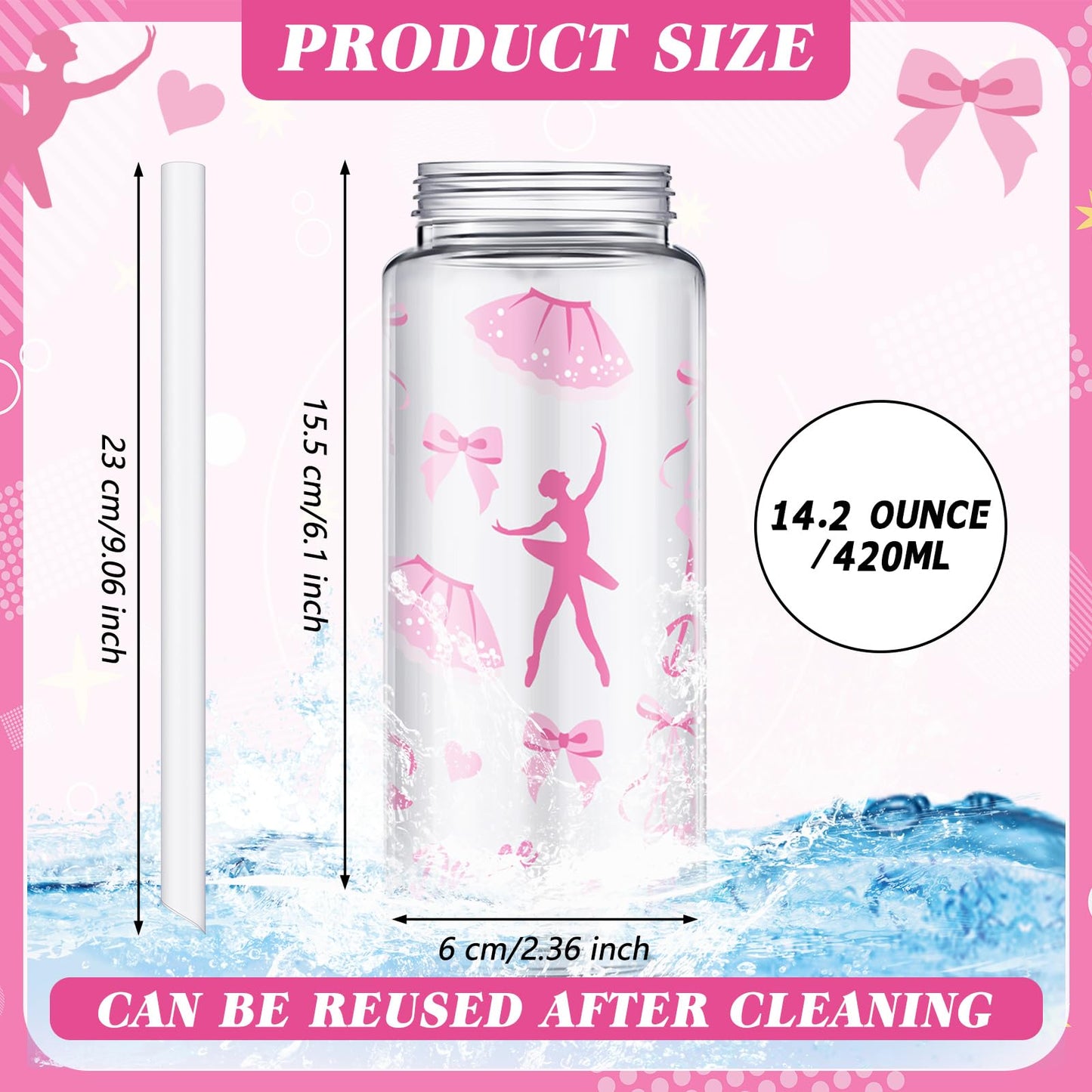Domensi 24 Pack 14.2 oz Ballet Plastic Cups with Lid and Straw Clear