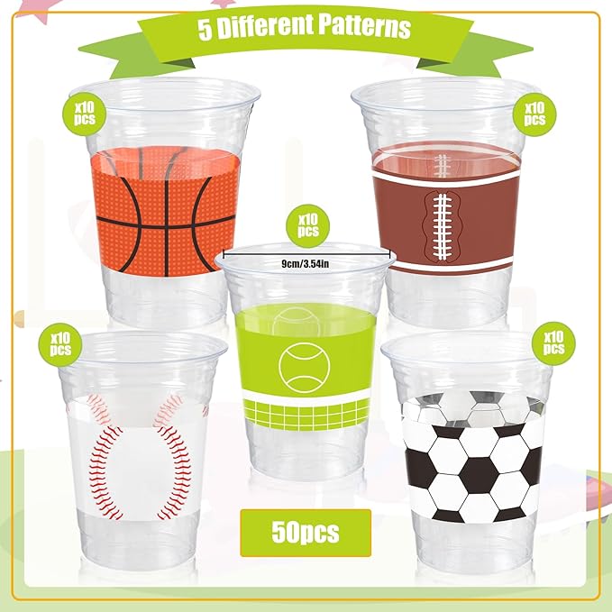50Pcs Sports Party Decoration Cups 12Oz Sports Plastic Disposable
