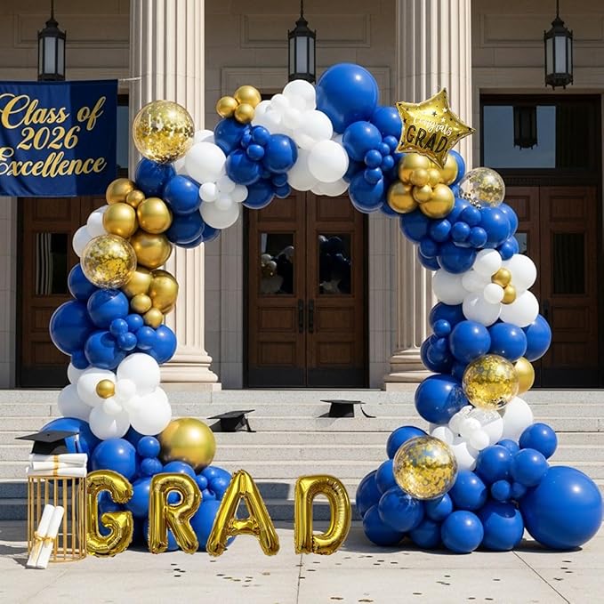Graduation Balloon Arch Kit 128Pcs Blue White and Gold Balloon