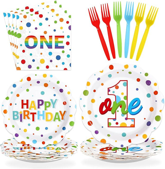 96Pcs Happy 1st Birthday Party Supplies Colorful Polka Dots 1st