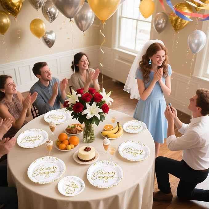 96Pcs Happy Engagement Party Supplies White Gold Diamond Ring Plates