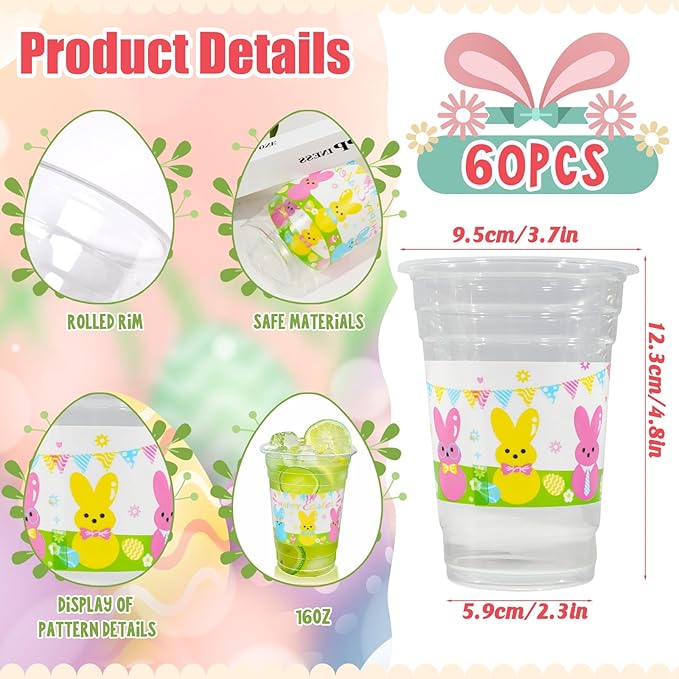 60 Pieces 16oz Easter Bunny Disposable Plastic Cups for Easter Party