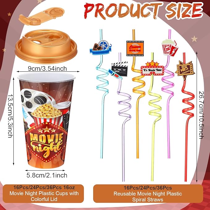 16 Sets Movie Night Party Favors Goodie Cups with Lids and Straws