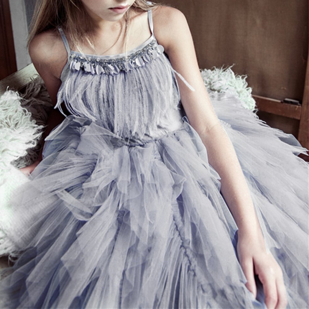 Kids Girls Spaghetti Strap Lace Feather Fringes Tutu Tulle Swan
