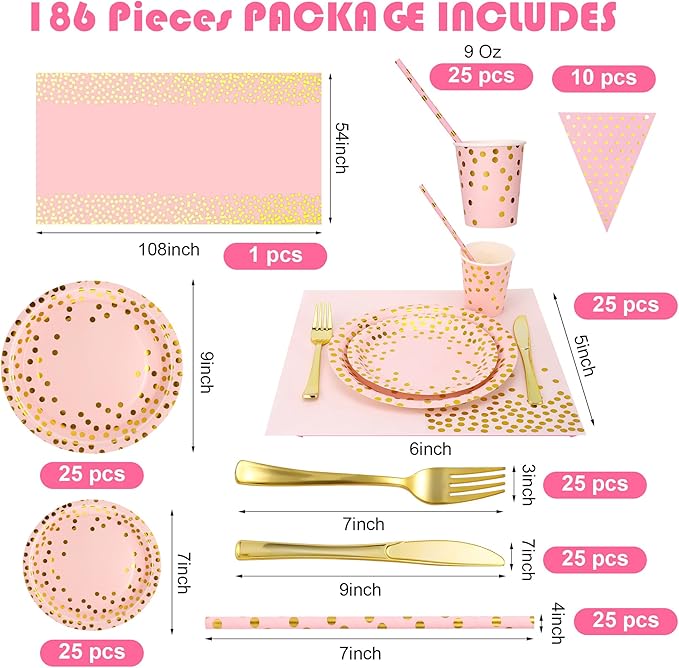Sylken 186 Pieces pink and Gold Party Tableware Set - 25 Guests Paper