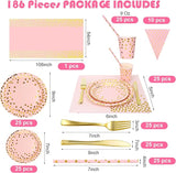 Sylken 186 Pieces pink and Gold Party Tableware Set - 25 Guests Paper