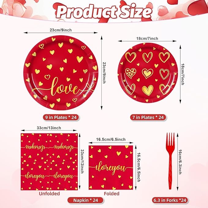 96 Pieces Valentine's Day Love Tableware Set Red and Gold Heart