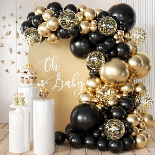 155Pcs Black and Gold Balloon Garland Arch Kit with Gold Confetti