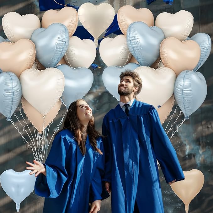Blue Cream Heart Foil Balloons, 12Pcs Baby Blue Beige Nude Heart