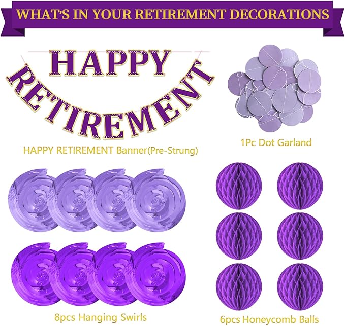 Retirement Party Decorations Kit for Women - 16-Piece Elegant Purple