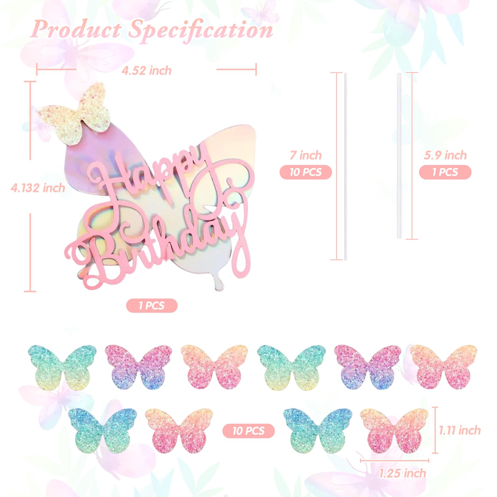 11 Pieces Butterfly Cake Toppers With Happy Birthday Cake Toppers 3D