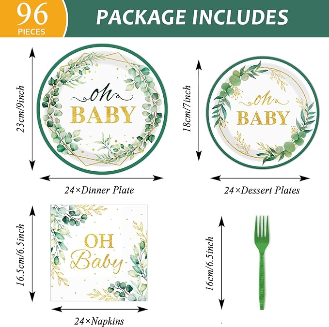 96PCS Sage Greenery Oh Baby Tableware Set Baby Shower Dinnerware