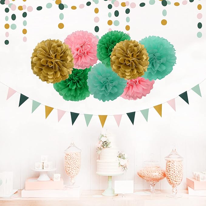 Sage-Green Pink-Gold Baby Bridal-Shower Decorations - 30pcs Rustic