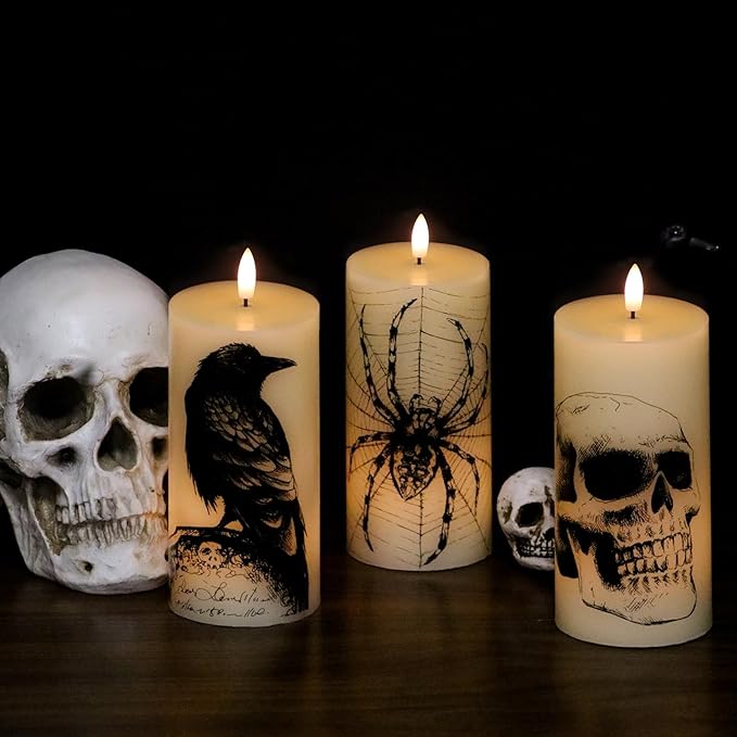 Halloween Flickering Candles Remote with Skull Spider Web Crow Raven