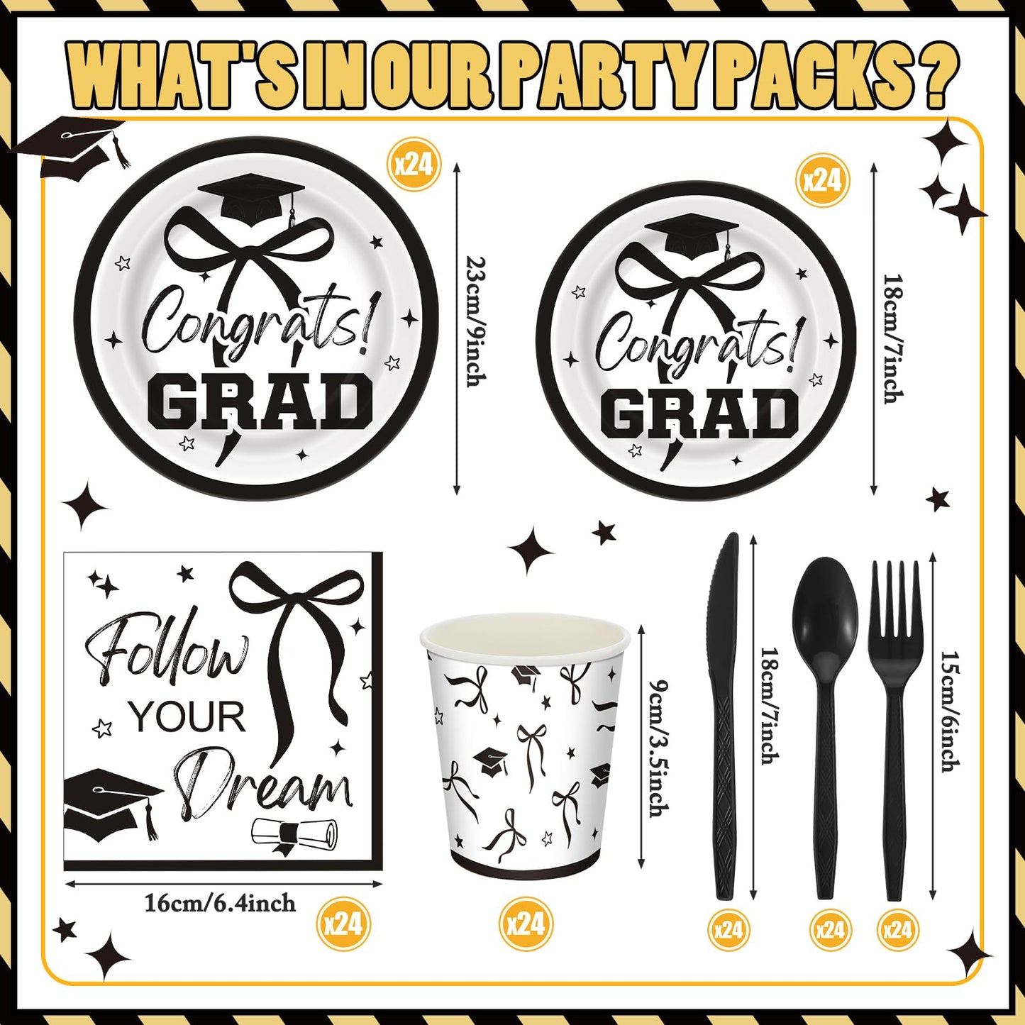 Sunnychicc 168 Pcs Black Bow 2026 Graduation Party Supplies Black