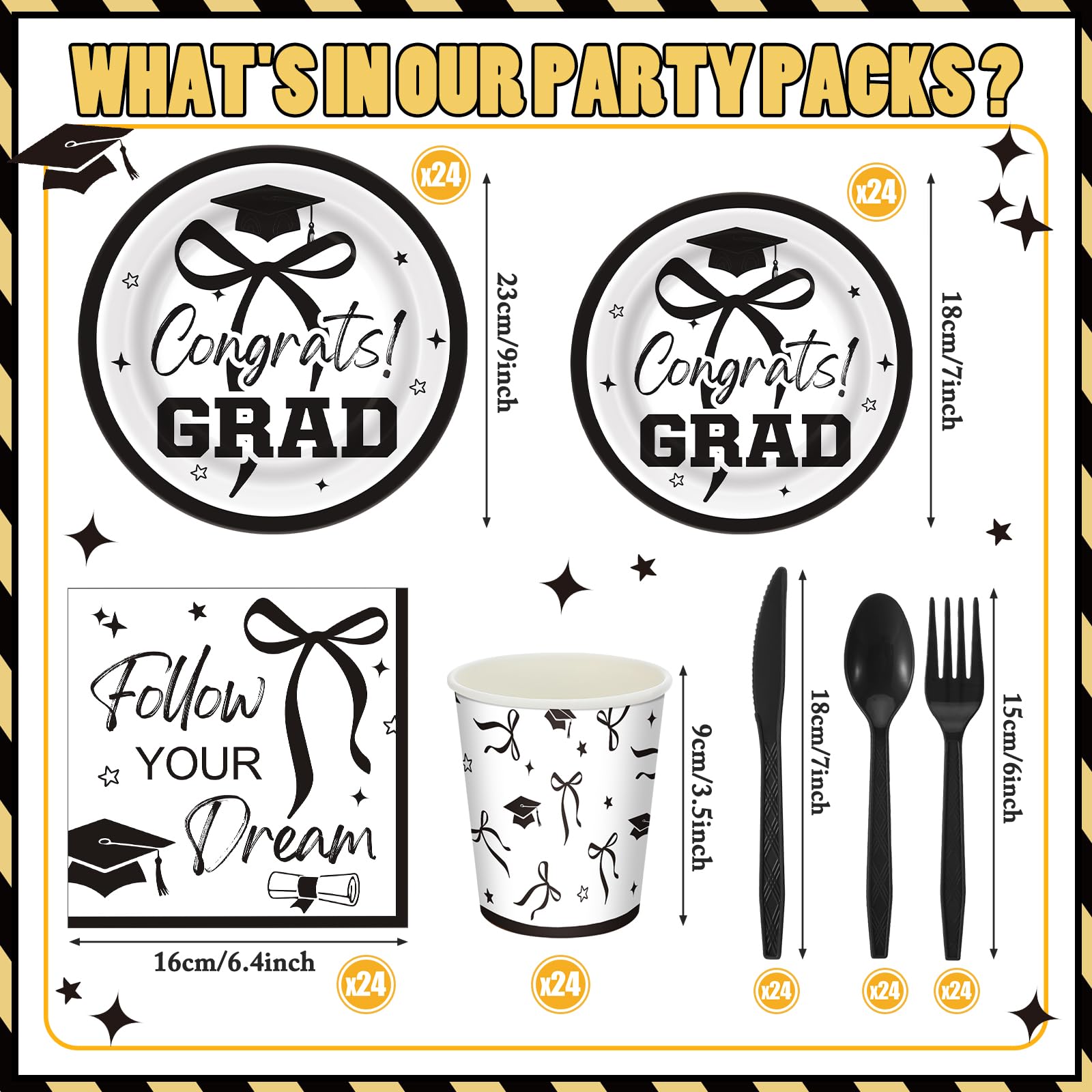 Sunnychicc 168 Pcs Black Bow 2026 Graduation Party Supplies Black