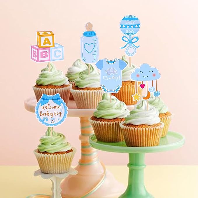 36 Pack Gender Reveal Cupcake Toppers Glitter Bottle Little Star
