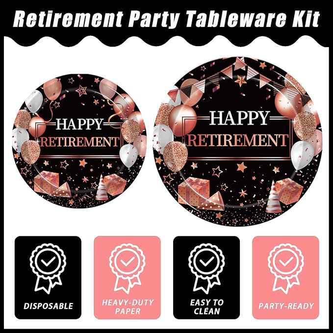 96 Pcs Retirement Party Plates and Napkins Set Rose Gold Happy